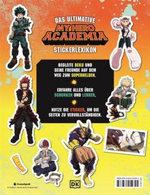 "Das ultimative My Hero Academia Stickerlexikon. Begleite Deku und seine Freunde auf dem Weg zum Superhelden." Illustrationen von Charakteren aus "My Hero Academia".