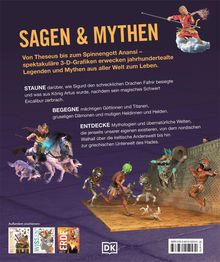 "SAGEN & MYTHEN" in großen Buchstaben; beschreibt Mythen und Abenteuer. Enthält 3D-Grafiken und Illustrationen von Legenden.