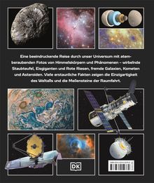 Text: "Eine beeindruckende Reise durch unser Universum..." Illustration mit Weltraumaufnahmen, Teleskopen und Planeten.