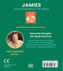 "JAMIES erstes Kochbuch für Minis" und "Vom Starkoch lernen". Illustration von Adrian Johnson. Foto eines lächelnden Mannes. 