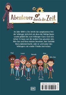Ein Schild mit "Abenteuer durch die Zeit", darunter neun Kinder mit verschiedenen Namen: Paul, Sarah, Lucas, Rosa, Hannah, Jasmin, Alex, Min-Jun. Ein Text erzählt von einem Fest bei den Wikingern im Jahr 1000.