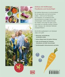 Text: Schluss mit Heißhunger, Foodkoma und Zuckerhigh! Ein stabiler Blutzucker ist entscheidend für ein gesundes Leben. Eine Illustration zeigt eine glückliche Familie im Feld. Symbole von Obst und Gemüse sind zu sehen. Links oben sind bunte, gesunde Gerichte abgebildet.