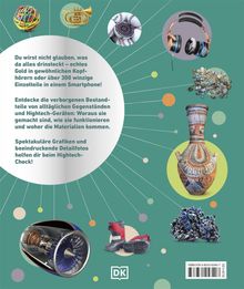Text: Überraschendes über Inhalt von Alltags- und Hightech-Gegenständen. Bilder: Turbine, Kopfhörer, Instrument, Schuhe, Vase.