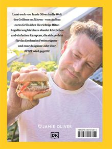 Ein Text lädt ein, von Jamie Oliver über das Grillen zu lernen. Ein Mann hält einen Burger. Gelber Rahmen. Jamie Oliver Logo unten.