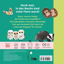 "Guck mal, in der Nacht sind viele Tiere wach!" Illustrationen von Eulen, Igeln und einem Dachs auf grünem Hintergrund.