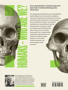 Texte: "HUMANS - WHO ARE WE?" und Beschreibung über Evolutionsbiologie. Links und rechts abgebildete Totenschädel, DK Logo unten.