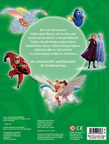 Ein grüner Hintergrund zeigt Disney-Figuren: Dumbo, eine Fischfigur, Superhelden, Hercules auf Pegasus, und zwei Frauen.