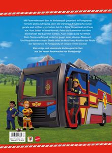 Text über Feuerwehrmann Sam und Geschichten in Pontypandy, mit Figuren neben einem bunten Feuerwehrfahrzeug vor Bergkulisse.