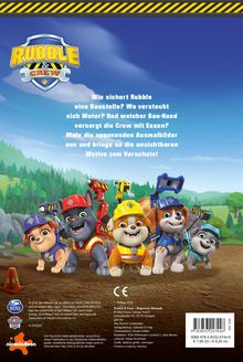 Titel: Rubble & Crew. Text: "Wie sichert Rubble eine Baustelle? Wo versteckt sich Motor?" Illustration: Hunde in Bauhelmen.