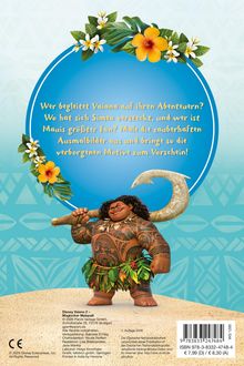 Text: „Wer begleitet Vaiana auf ihren Abenteuern?“ Illustration: Maui mit großem Haken, bunte Blumen und Blätter.