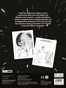 „Folge dem Millennium Falken auf eine kunterbunte Reise durch die Galaxis!“ Zwei schwarz-weiße Star Wars Illustrationen.