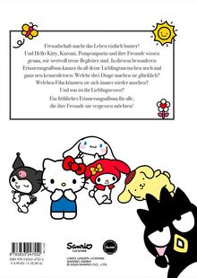 Ein Text in einem Rahmen spricht über Freundschaft und ein Erinnerungsalbum. Darunter sind Hello Kitty und Freunde fröhlich zu sehen.