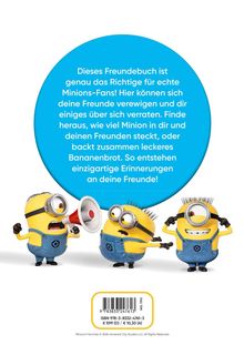 Ein blaues Freundebuch mit Minion-Motiv: Drei gelbe Minions in Latzhosen, einer mit Megafon, auf weißem Hintergrund.