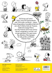 Text: Einladung in die fröhliche Welt der Peanuts, zahlreiche Motive zum Ausmalen, Malvergnügen für alle Peanuts-Fans.

Beschreibung: Comic-Illustrationen der Peanuts-Charaktere in verschiedenen Szenen.