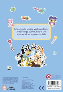 Text: "Entdecke die lustige Welt von Bluey! Jede Menge Sticker, Rätsel und Ausmalbilder warten auf dich." Einige Comic-Tiere.