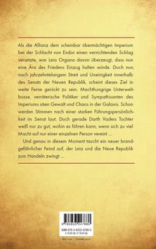 Text beschreibt politische Unruhen nach der Schlacht von Endor und Leia Organas Rolle. Hintergrund in sandigem Gelbton.
