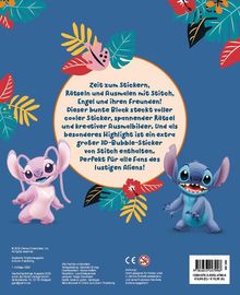 Text in einem Kreis: Zeit zum Stickern, Rätseln und Ausmalen mit Stitch, Engel und ihren Freunden! Zwei Figuren, bunte Blätter.