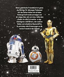 Beschreibung eines galaktischen Freundebuchs für junge Padawane, mit Kinderbotschaften und Informationen über Jedi und Raumschiffe. Figuren wie Roboter sind auch sichtbar.