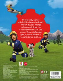 Ein roter Textbereich sagt: "Pontypandy wartet auf dich! In diesem Malblock findest du jede Menge tolle Ausmalbilder..." Kinder in Feuerwehruniformen und ein Hund rennen auf einer grünen Wiese, ein Flugzeug fliegt oben.