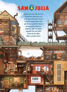 Titel: "Sam & Julia". Der Text beschreibt ein detailreiches Mäusehaus mit verschiedenen gemütlichen Zimmern zur Entdeckung.