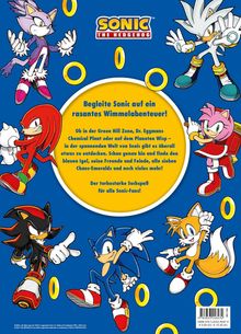 „Begleite Sonic auf ein rasantes Wimmelabenteuer!“ Bunte Illustration von Sonic-Charakteren und goldene Ringe.