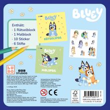 Enthält: 1 Rätselblock, 1 Malblock, 10 Sticker, 6 Stifte. Illustration von Hunden in fröhlichen Farben.