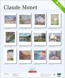 "Claude Monet" und "2027" in großen Buchstaben. Bilder von Monets Gemälden, darunter "An Stand von Trouville" und "Wasserlilien".