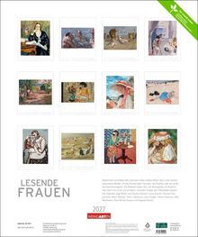 "Lesende Frauen" 2027 Weingarten. Zwölf Illustrationen von Frauen, die lesen, mit Beschreibungen der Künstler und Szenen.