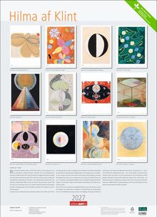 Hilma af Klint, zwölf abstrakte Gemälde mit Titeln und Beschreibungen darunter. Enthält einen Text über die Künstlerin.
