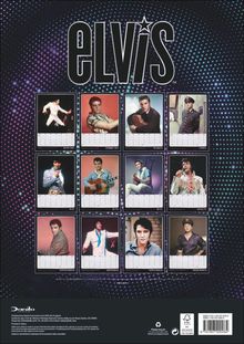 "ELVIS" in großer Schrift. Fotos von ihm für jeden Monat auf einem Kalender. Glitzernder Hintergrund.