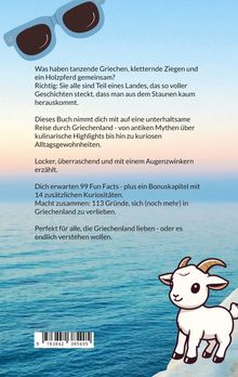 Text über Griechenland beschrieben. Illustration: Sonnenbrille und Ziege vor Meereshintergrund. Sky in Blau-Tönen.