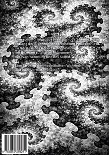 Text über Erkenntnistheorie und Wahrnehmung in einer spiralförmigen Fraktal-Illustration, Schwarz-Weiß-Farbschema.