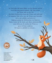 Ein neugieriges Eichhörnchen sitzt auf einem Ast und blickt in den blauen Himmel voller Schneeflocken. Text: "Im Wald fallen..."