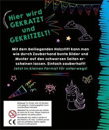 "Hier wird GEKRATZT und GEKRITZELT!" Bunte Illustrationen: Wimpel, Diamant, Einhorn, Regenbogen, Sterne. Warnung für Kinder unter 36 Monaten.