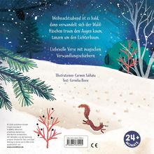 Zauberhafte Winterlandschaft mit tanzenden Hasen, Tannen und einem Eichhörnchen im Schnee; für Kinder ab 24 Monaten.