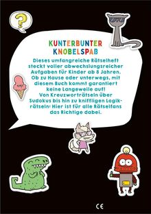 Texte beschreiben ein Rätselheft für Kinder ab 8 Jahren mit Kreuzworträtseln und Logikrätseln. Bunte Illustrationen von Figuren.