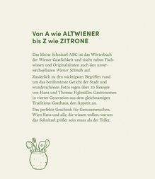 Text: "Von A wie ALTWIENER bis Z wie ZITRONE." Beschreibung eines Schnitzel-Wörterbuchs. Illustration von Besteck in einem Glas unten.