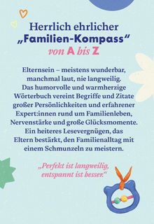 „Herrlich ehrlicher Familien-Kompass von A bis Z.“ Bunte Buchstaben, Herzen und ein Babyspielzeug als Illustration.