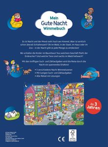 "Mein Gute Nacht Wimmelbuch" steht in einer Wolke, umgeben von fröhlichen Illustrationen einer nächtlichen Stadtszene.