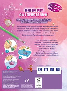 "Malen mit Glitzersteinen", "Mit 2000 Diamanten", Anleitung: "Wachs aufnehmen, Diamanten aufnehmen, Diamanten setzen". Disney-Prinzessin-Thema.