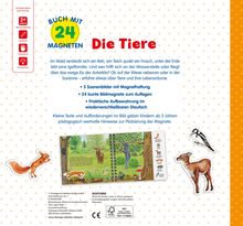 "Buch mit 24 Magneten. Die Tiere. 5 Szenenbilder, 24 Magnete. Praktische Aufbewahrung. Illustration von Tieren und Wald."
