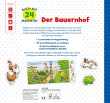 "Buch mit 24 Magneten – Der Bauernhof" in roter Schrift. Abbildungen von einem Bauernhof, Hühnern, Hase und Salat.