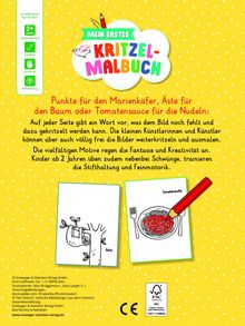 "Mein erstes Kritzelmalbuch. Punkte für den Marienkäfer, Äste für den Baum oder Tomatensauce für die Nudeln." Text auf gelbem Hintergrund.