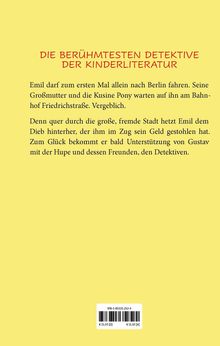 Text oben: "DIE BERÜHMTESTEN DETEKTIVE DER KINDERLITERATUR" gefolgt von einer Beschreibung von Emils Abenteuer. Unten ISBN und Preisangaben. Gelber Hintergrund.