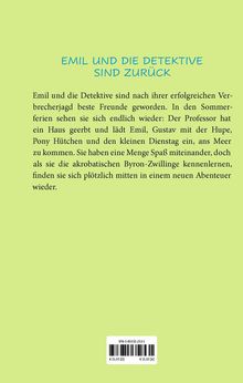 "EMIL UND DIE DETEKTIVE SIND ZURÜCK" in blauem Text, darunter ein kurzer Klappentext auf hellgrünem Hintergrund. Unten ein Barcode.