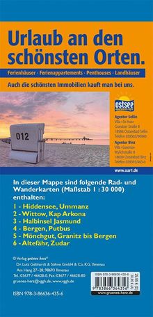 Titel: „Urlaub an den schönsten Orten“. Text zu Rad- und Wanderkarten. Strandkorb, Meer im Hintergrund.
