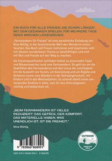 Ein Ratgeber mit grünen und orangefarbenen Hügeln, Bäumen. Zitat und Info über "Fernwandern für Frauen". Outdoor-Logo.