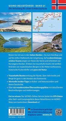 "WOMO-REISEFÜHRER · BAND 21" steht oben, rechts die norwegische Flagge. Vier Fotos von Landschaften und eine Route sind zu sehen.