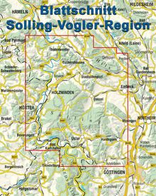 Blattschnitt Solling-Vogler-Region: Eine detaillierte Karte mit Städten und Straßen, begrenzt durch eine rote Linie.