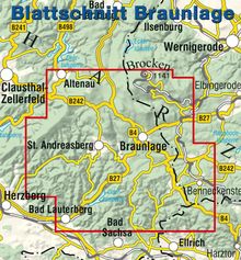 Karte: "Blattschnitt Braunlage", rote Umrandung, Städte: Altenau, Braunlage, Clausthal-Zellerfeld, Herzberg, Bad Sachsa.